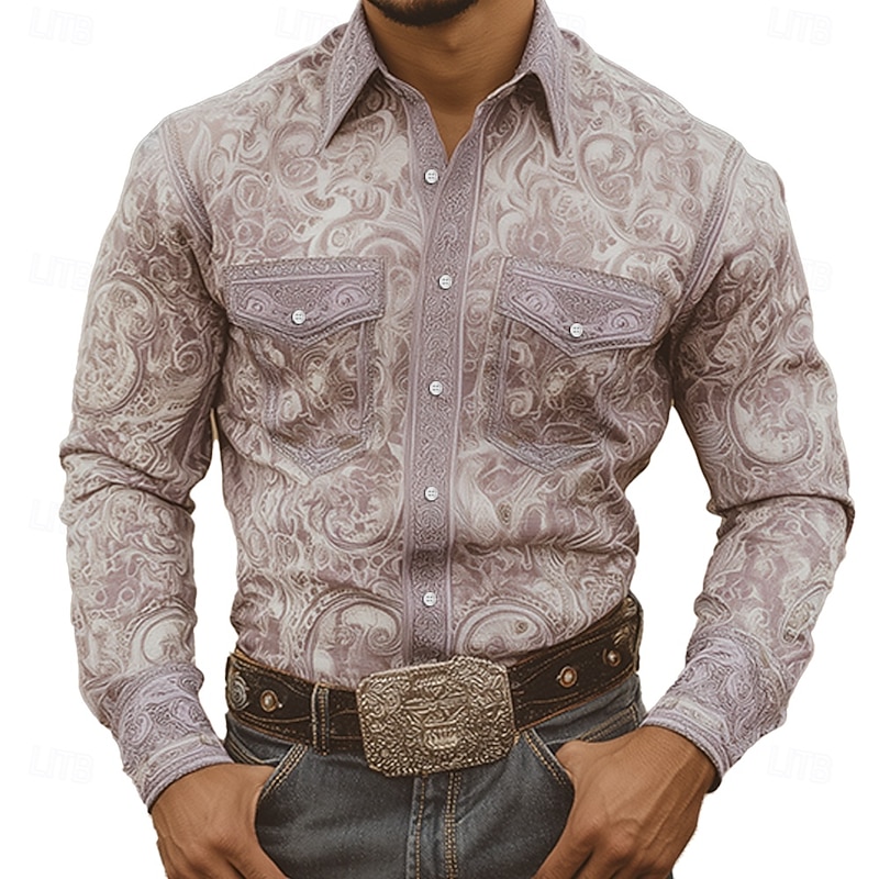 Men's Intricate Floral Flowers Shirt Western Shirt Cowboy Shirt Long Sleeve Vintage Retro Outdoor Casual WorkWear Spring Fall Turndown Front Two Pockets Linen Like Shirt Button Up Shirts Blue Light
