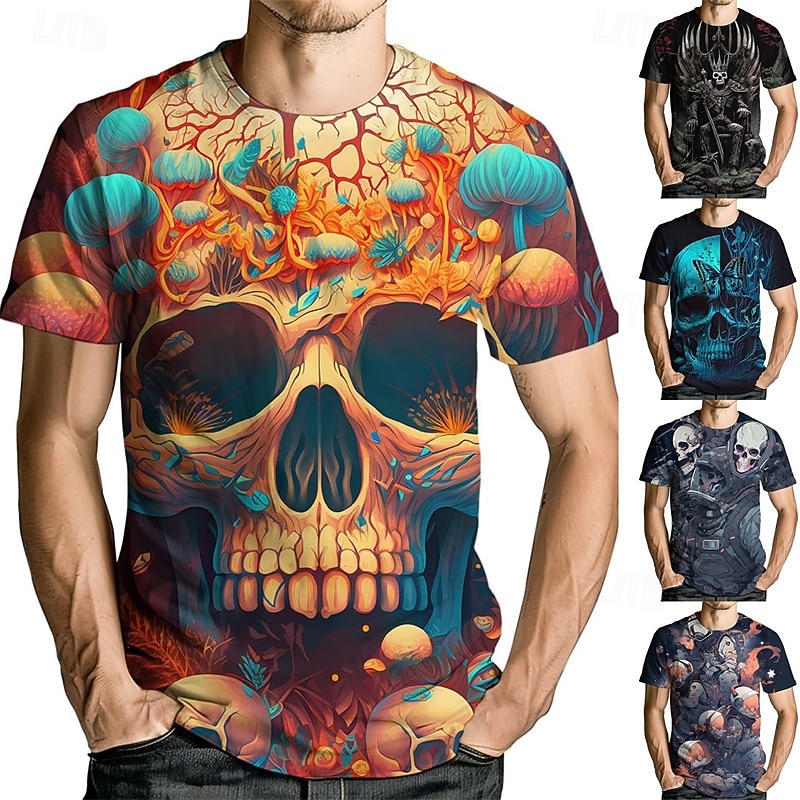 Men's Graphic Skulls Short Sleeve Shirt T shirt Tee Tee Top Short Sleeve T shirt 3D Print Crew Neck Shirt Fashion Designer Casual Vacation Daily Holiday Black Blue Orange Summer Clothing Apparel S M