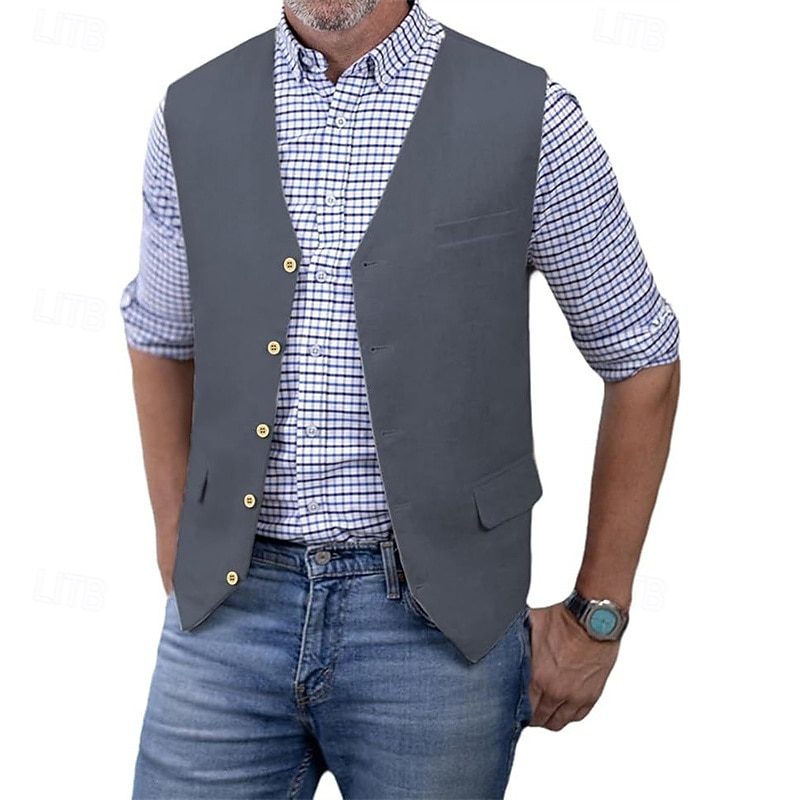 Men's Vest Waistcoat Gilet Vacation Party Business Fashion Casual Spring Fall Pocket Buttons 75% Cotton Comfortable Plain Single Breasted One-button V Neck Regular Fit Silver Black White Champagne4