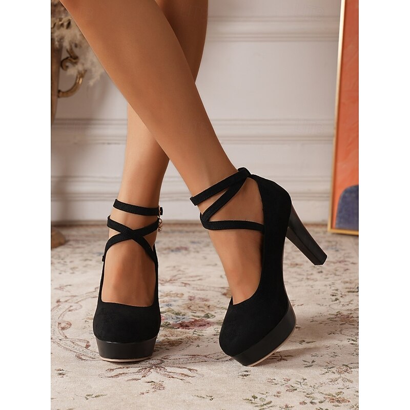 Women's 1950s Black Suede Platform Pumps with Ankle Strap and Crystal Charm – Stylish High Heel Shoes for Evening Parties and Formal Occasions3