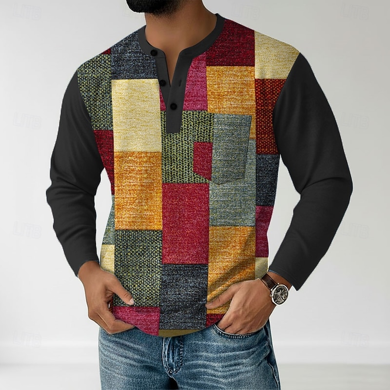 Men's Graphic Patchwork Henley Shirt T shirt Tee Long Sleeve Retro Vintage Casual Casual Spring Fall Black Dark Red Brown Henley Henley T-Shirt