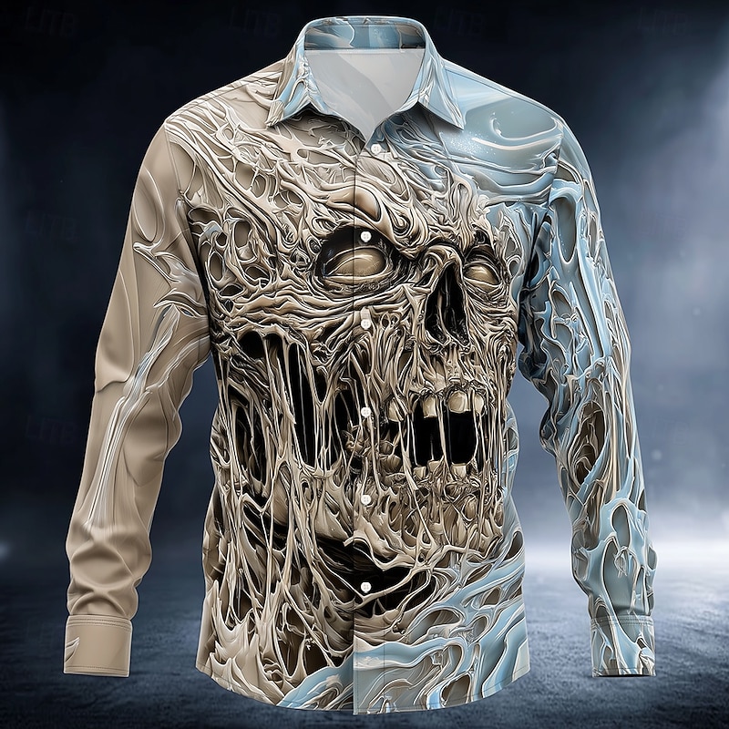 Halloween Men's Skeleton Frozen Ice skull Shirt Button Up Shirt Long Sleeve Dark Gothic Style Holiday Streetwear Spring Fall Turndown 3D Print Collared Shirts Khaki