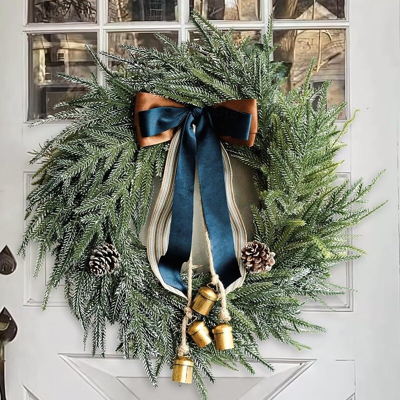 Christmas Norfolk Pine Christmas Wreath with Bells and Ribbon Decorations Artificial Pine Greenery Winter Wreath for Home Table Wall Window Porch Door Indoor Outdoor Decor