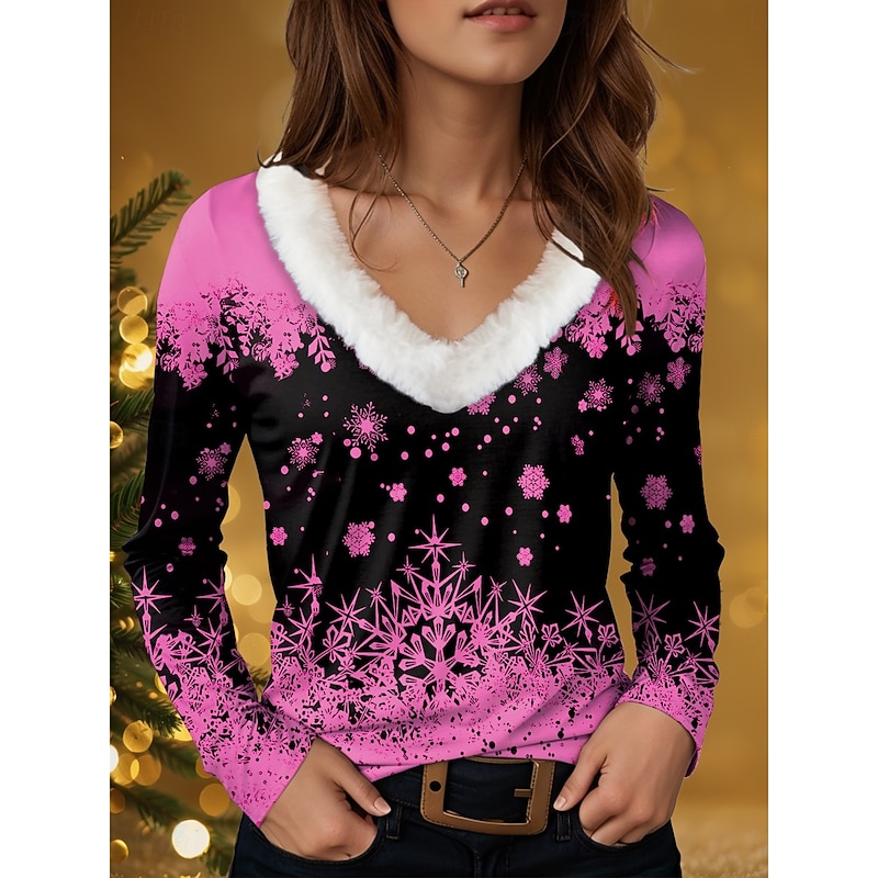 Women's T Shirt Graphic Snowflake Vintage Stylish Casual Long Sleeve V Neck Regular Tops Daily Patchwork Print White Pink Blue Green Fall Winter2