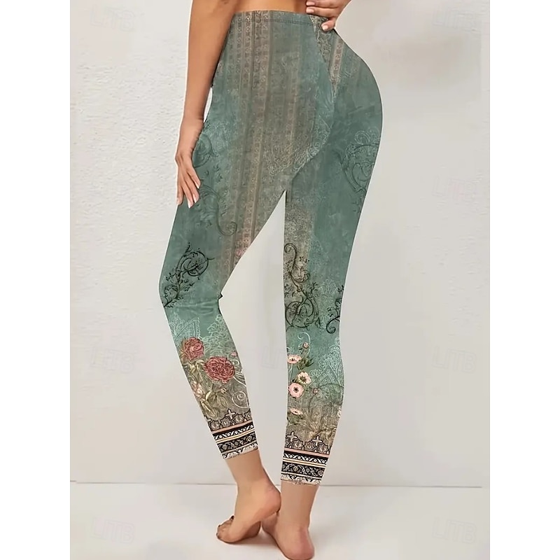 Women's Leggings Vacation Vintage Fashion Ankle-Length High Waist Floral Graphic Leaf Printing Thermal Warm Soft Breathable Stretchy Vacation Street White Green Spring Fall Winter Slim Fit3