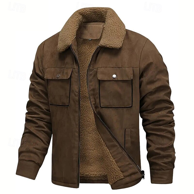 Men's Faux Suede Jacket Winter Jacket Fleece Jacket Casual Jacket Vacation Daily Thermal Warm Pocket Fleece Fall Winter Plain Fashion Streetwear Lapel Regular Black Coffee Gray Jacket2
