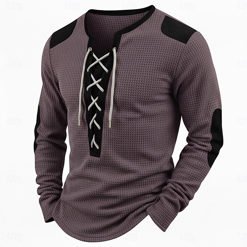 Men's Waffle T-shirt T Shirt Waffle Henley Shirt Long Sleeve V Neck Lace Up Neck All Seasons Solid Color Textured Traditional / Vintage Casual Color Block Outdoor Home Sports & Outdoor Black Navy2
