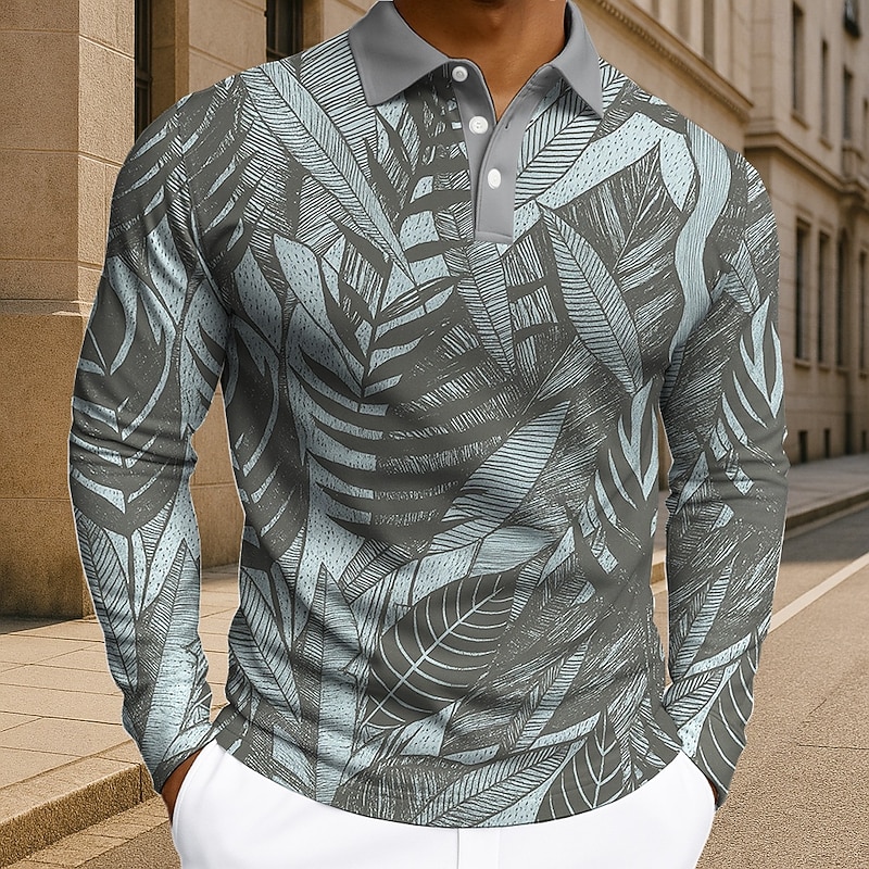 Men's Plants Leaves Polo Long Sleeve Polo Shirts Lapel Casual Athleisure Daily Wear 3D Print Buttons Spring Fall Winter Blue Green Gray3