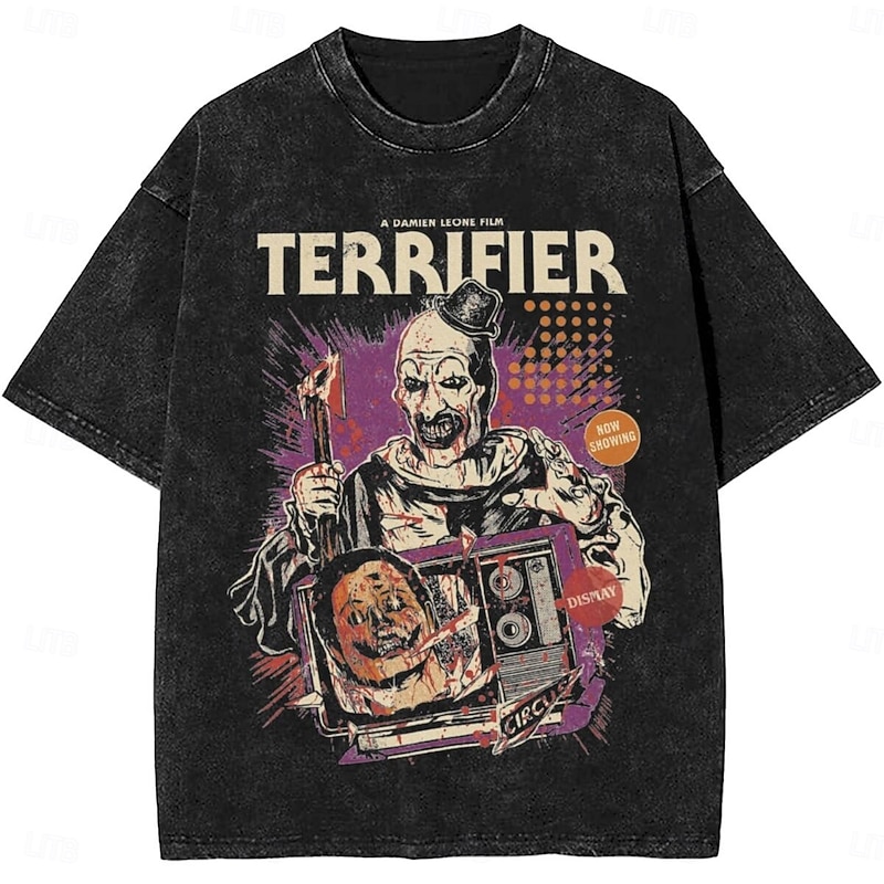Halloween Terrifier Art the Clown T-shirt Oversized Acid Washed Tee Print Graphic For Men's Women's Boys' Kid's Adults' Halloween Carnival Masquerade Hot Stamping Casual Daily4