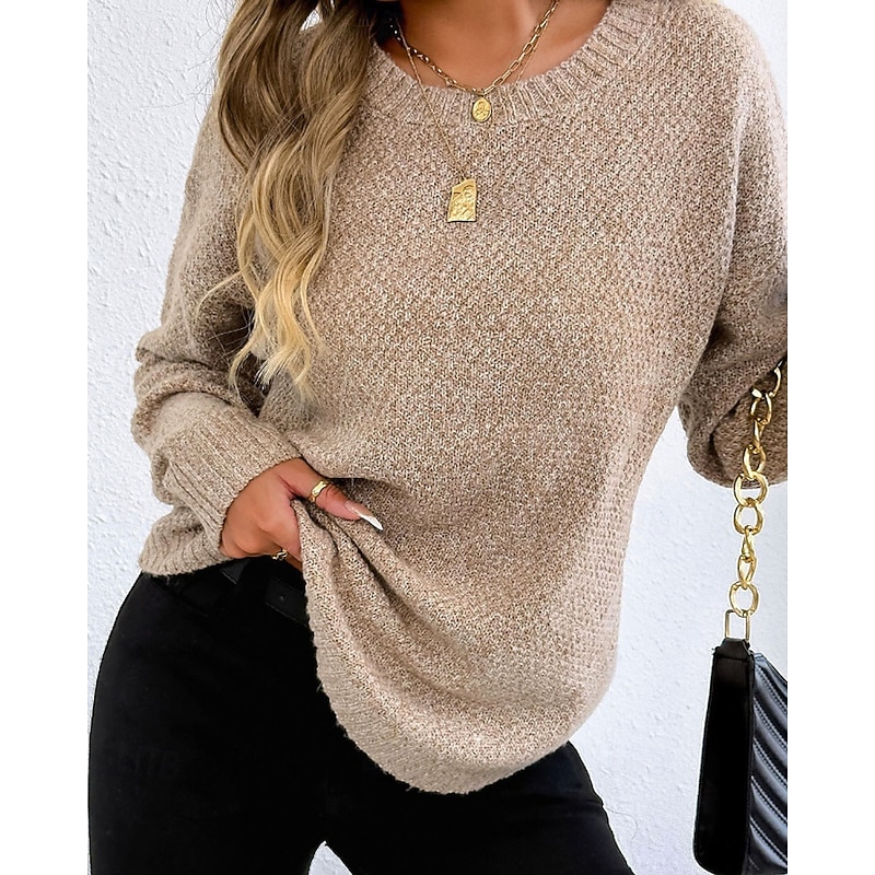 Women's Sweater Pullover Streetwear Casual Solid Color Crew Neck Knitted Long Sleeve Regular Tops Knit Holiday Going out Weekend Black Wine Fall Winter2