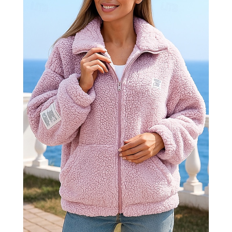 Women's Zip Up Sweatshirt Winter Coat Polar Fleece Jacket with Pockets Long Sleeve Top Athleisure Fall Solid Colored Windproof Warm Outdoor Travel Vacation Sportswear Activewear Black White Pink