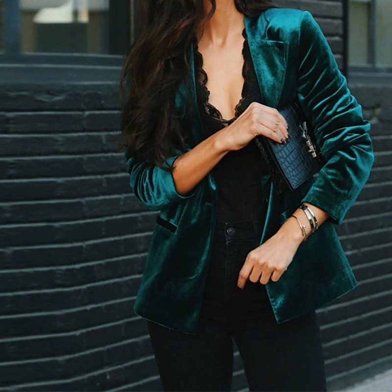 Women's Blazer Comfortable Pocket Elegant Fashion Outdoor Plain Going out Casual Daily Weekend Cardigan Regular Lapel Regular Fit Long Sleeve Outerwear Black Wine Green Spring Fall