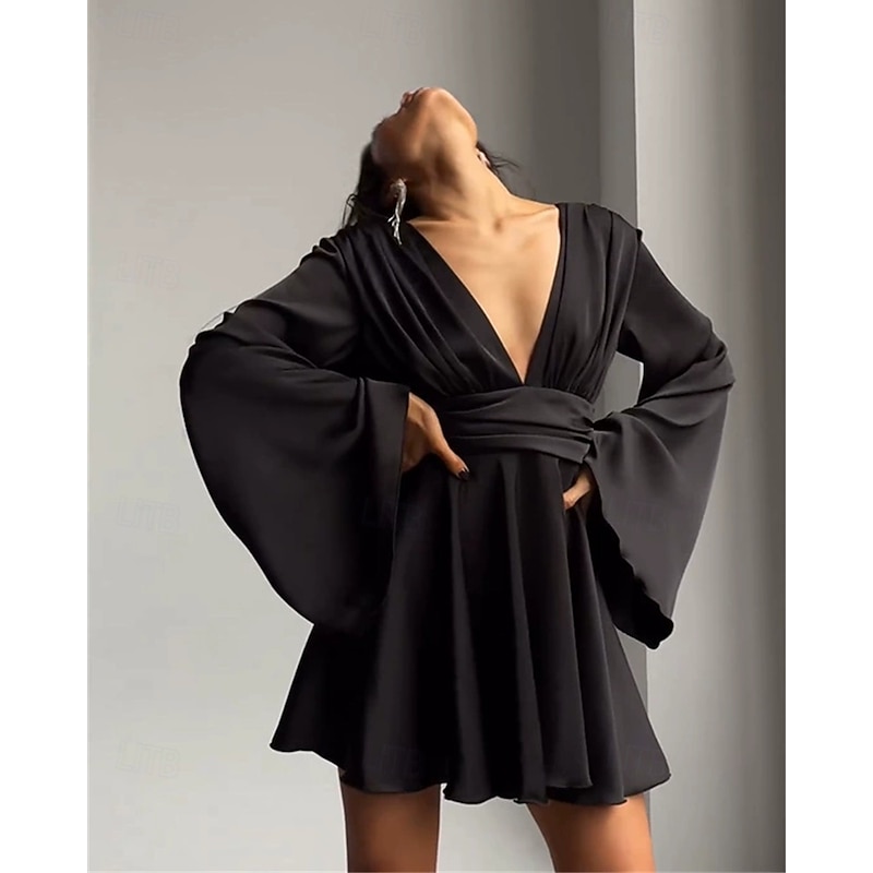 Women's Mini Dress Cocktail Dress Satin Dress Slip Dress Elegant Fashion Modern Outdoor Party Party Evening Wear Slim Plain Long Sleeve V Neck Black White Dusty Blue Brown Spring Autumn2