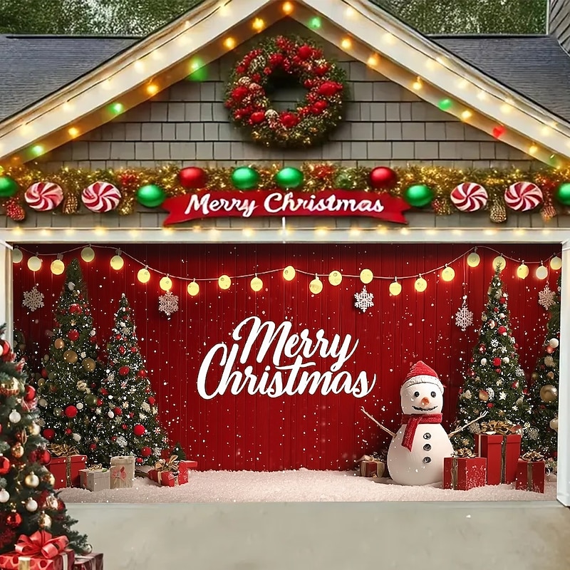 Christmas Garage Door Cover 2025 Xmas Snowman and Christmas Tree with Lights Backdrop Banner, Holiday Outdoor Garage Decoration for Winter Home Party