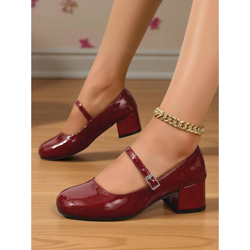 Women's Burgundy Patent Leather Mary Jane Heels – 1950s Vintage Block Heel Dress Shoes with Buckle Strap for Girls, Cosplay and Party Outfits