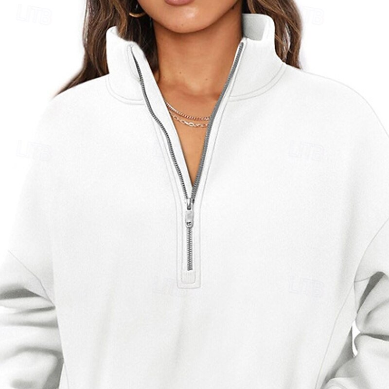 Women's Pullover Sweatshirts Zip Up Sweatshirts Plain Sports Fashion Casual Long Sleeve High Neck Regular Tops Street Dailywear Going out Half Zipper Quarter Zipper Zipper White Fall Winter2