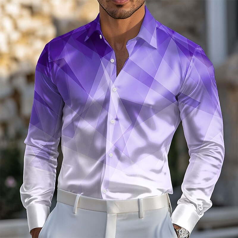 Men's Geometric Pattern Gradient Color Shirt Satin Shirt Dress Shirt Long Sleeve Fashion Casual Vacation Dailywear Summer Spring Fall Turndown 3D Print Button Up Shirts Red Blue Purple Green2