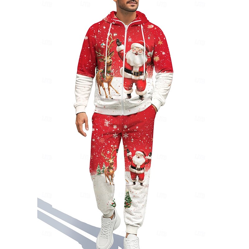 Christmas Men's Hoodie Tracksuit Zip Hoodie Drawstring Pockets Pants Hoodie Sweatshirt Fall White+Red Gym Workout Casual Basketball Baggy Long Sleeve Sport Activewear Stretchy Regular Fit3