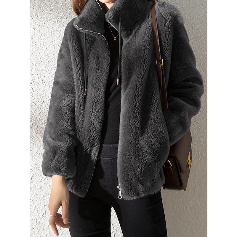 Women's Sherpa Jacket Casual Jacket Comfortable Breathable Zipper Casual Plain Vacation Street Casual Daily Wear Zipper Regular Stand Collar Regular Fit Long Sleeve Outerwear Black Purple Fuchsia3