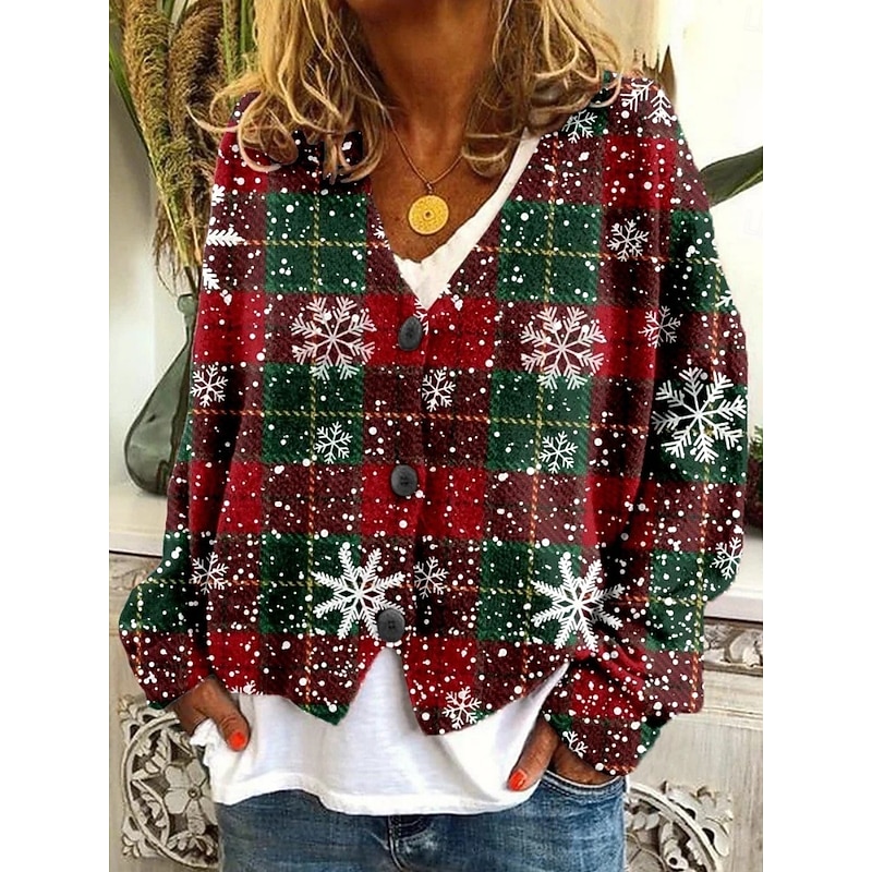 Women's Sweater Cardigan Casual Soft Santa Claus Snowflakes Ribbed V Neck Knitted Long Sleeve Regular Tops Knit Christmas Outdoor Daily Pink Blue Fall Winter3