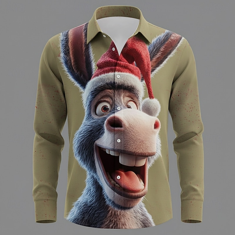 Christmas Men's Donkey Christmas Animal Christmas Hats Shirt Button Up Shirt Long Sleeve Funny Outdoor Holiday Spring Fall Turndown 3D Print Collared Shirts Red Khaki Gray3