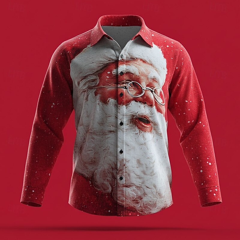 Christmas Men's Santa Claus Merry Christmas Shirt Button Up Shirt Long Sleeve Funny Outdoor Holiday Spring Fall Turndown 3D Print Linen Like Shirt Red 1 Red2