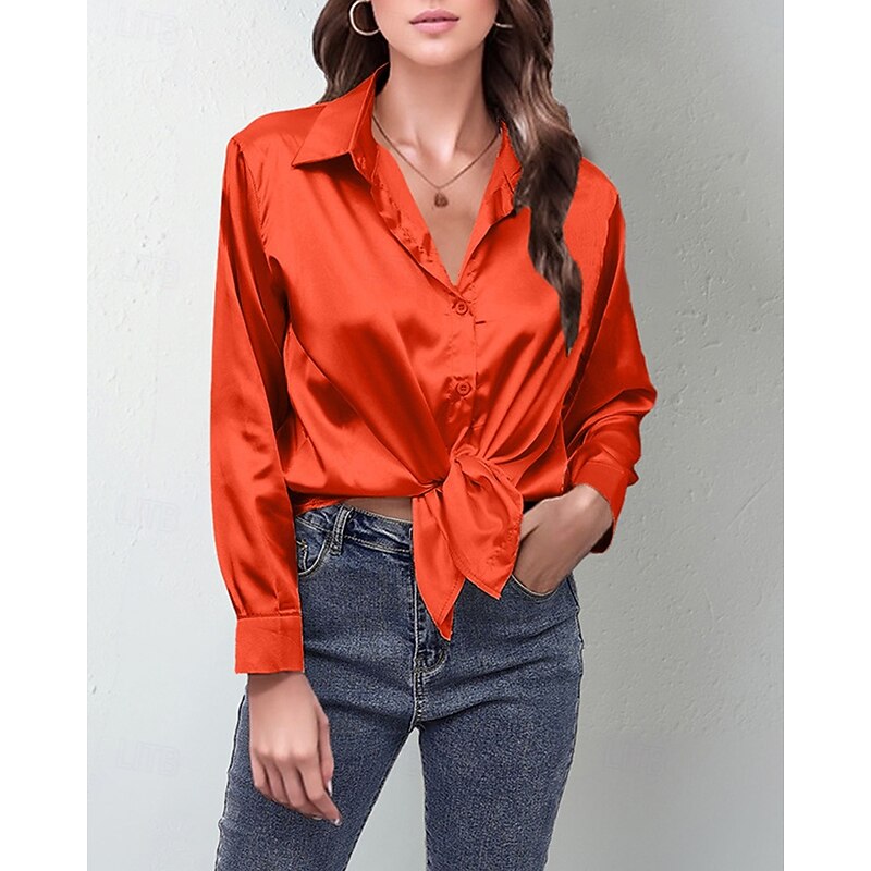 Women's Shirt Elegant Dressy Satin Solid Color Stylish Casual Long Sleeve Shirt Collar Regular Tops Daily Going out Buttons Light Green Sky Blue Purple Orange Khaki Spring Fall2