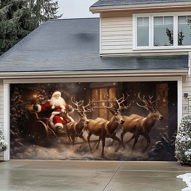 Christmas Outdoor Garage Door Cover Christmas Snow Village Reindeer Santa Claus Nativity Scene Christmas Tree Large Tapestry Backdrop Decoration For Holiday Outdoor Garage Door Home Wall Decorations2