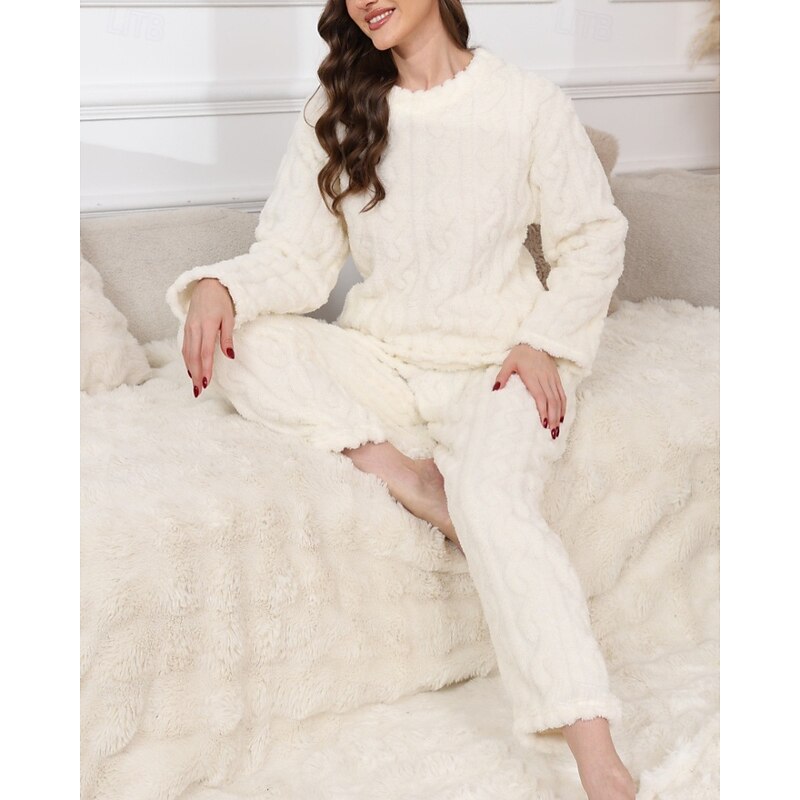 Women's Loungewear Pajama Set Casual Comfort Floral Pure Color Elastic Waist Pullover Pant Vacation Home Daily Long Sleeve Crew Neck Light Pink White powder Lotus Pink White Pink Winter Regular Fit3