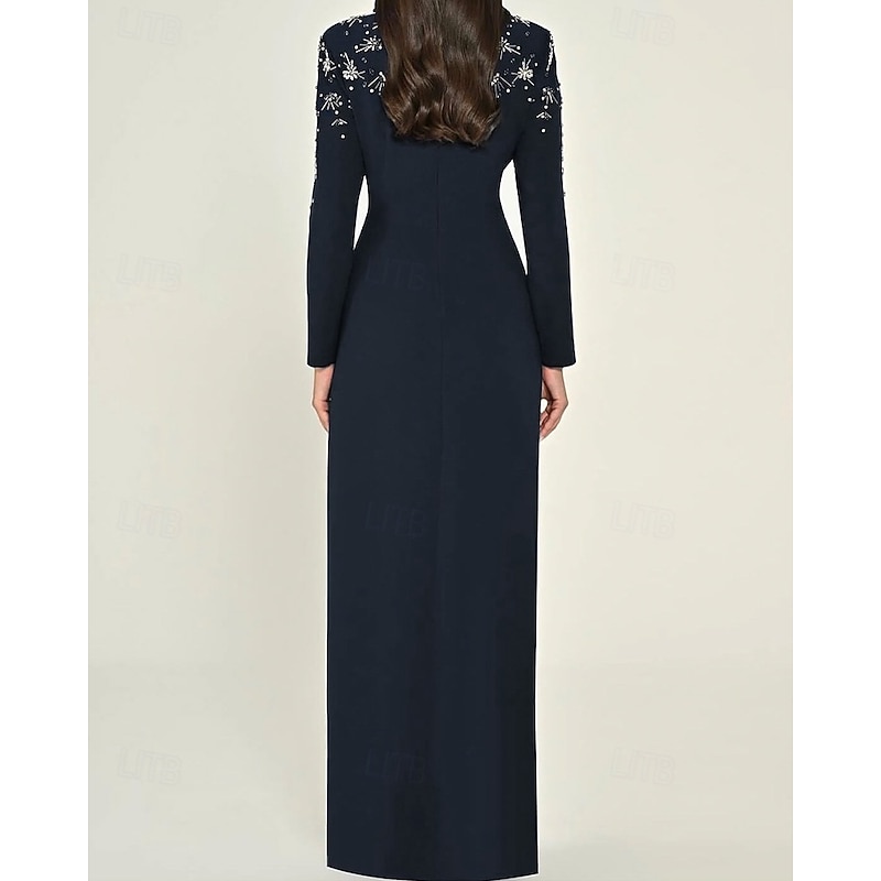 Black Tie Tuxedo Dress Sheath / Column Floral Crystals embellished Formal Wedding Guest Satin Lapel Stretch Crepe Long Sleeve Notch lapel collar with Ruffle4