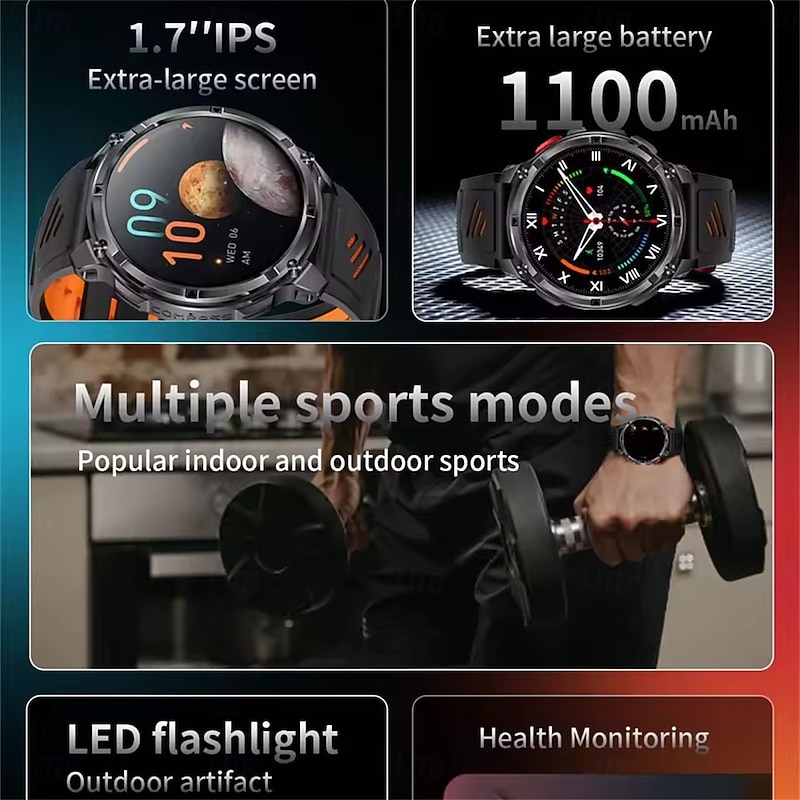 HT33 Smart Watch 1.7-inch BT Call Compass Health Monitor Waterproof LED Flashlight Outdoor 1100mAh Battery Smartwatch2