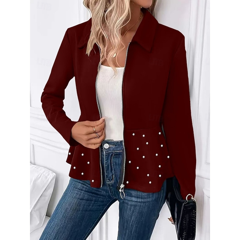 Women's Casual Jacket Comfortable Breathable Zipper Casual Plain Vacation Street Casual Daily Wear Zipper Short Turndown Regular Fit Long Sleeve Outerwear Silver Black Wine Spring Fall2