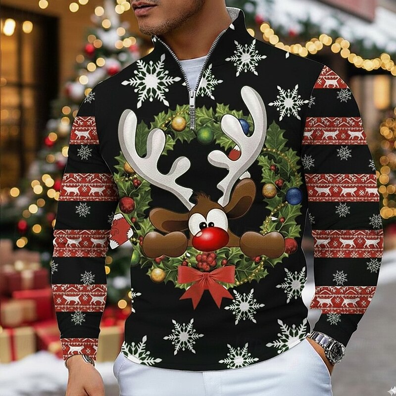 Christmas Men's Elk Polo Long Sleeve Polo Shirts Grandad Collar Casual Holiday Daily Wear Festival Outfit 3D Print Quarter Zip Polo Spring Fall Winter Black Red Green3