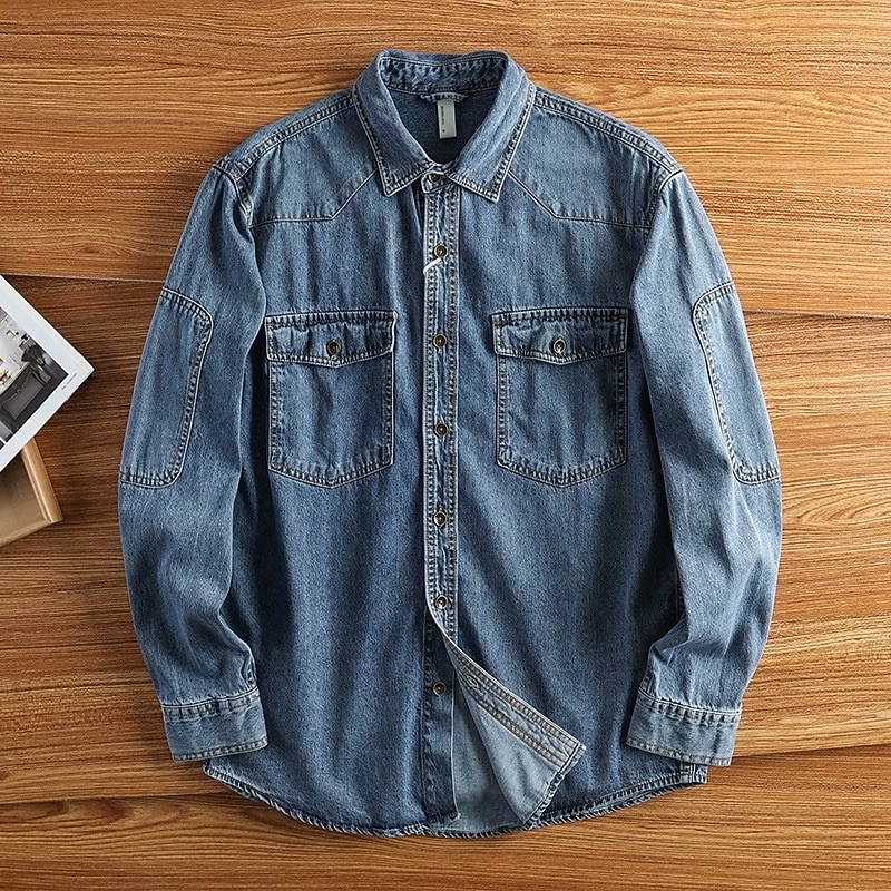 Men's Shirt Summer Shirt Casual Shirt Button Up Shirt Denim Shirt Black Blue Long Sleeve Plain Lapel Vacation Hawaiian Pocket Clothing Apparel Polyester Fashion Casual Comfortable2