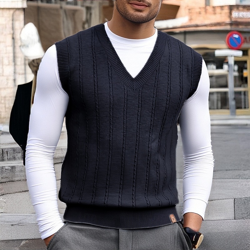 Men's Sweater Vest Dress Sweater Pullover Sweater Jumper Vest Knit Sweater Ribbed Knit Regular Tops Knitted Plain V Neck Fashion Casual Vacation Daily Wear Clothing Apparel Fall Winter Black Dark Navy2