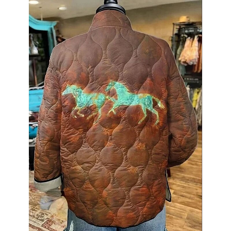 Women's Winter Jacket Quilted Jacket Warm Lightweight Buttons Print Active Vintage Artistic Casual Animal Casual Regular Stand Collar Regular Fit Long Sleeve Outerwear Coffee Fall Winter2