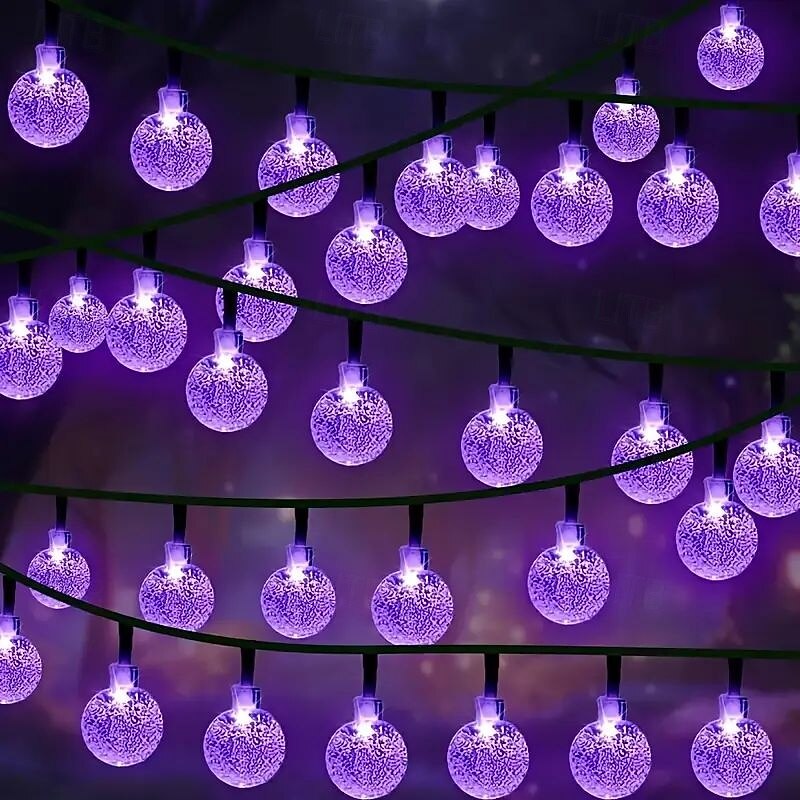 2pcs Purple LED Solar String Lights Crystal Ball 6.5m 30LED Outdoor Lights 8 Modes Waterproof Suitable for Garden Porch Wedding Yard Halloween Christmas Party Decoration4