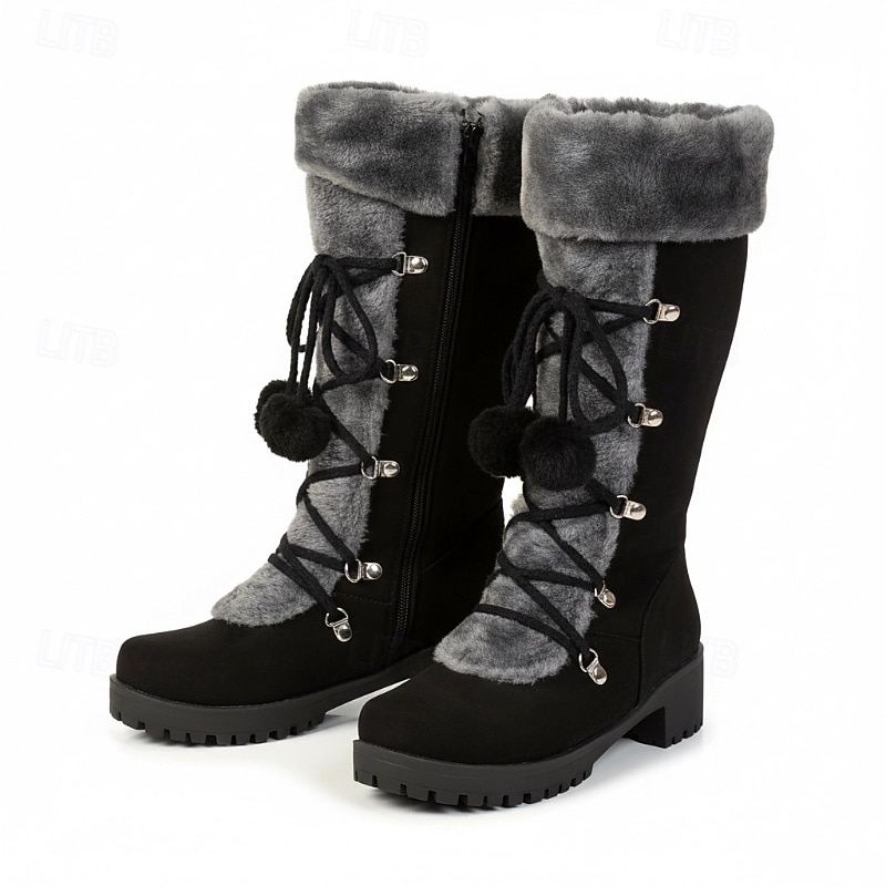 Women's Black Lace-Up Winter Boots with Faux Fur Trim, Pom-Pom Details, and Rugged Non-Slip Sole for Outdoor Snow and Cold Weather Wear3