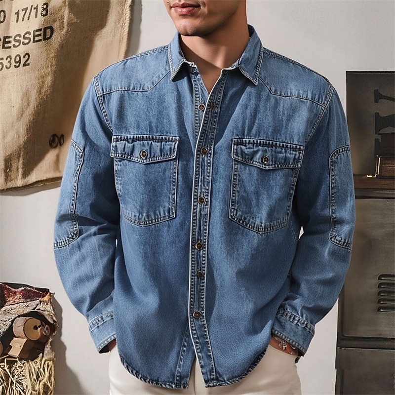 Men's Shirt Summer Shirt Casual Shirt Button Up Shirt Denim Shirt Black Blue Long Sleeve Plain Lapel Vacation Hawaiian Pocket Clothing Apparel Polyester Fashion Casual Comfortable