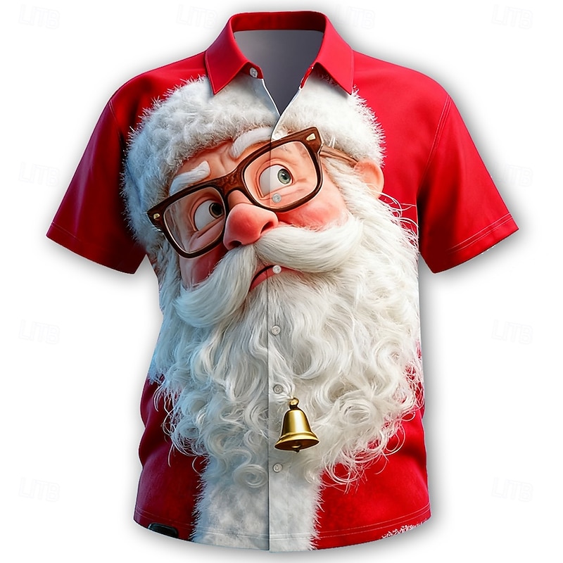 Christmas Men's Santa Claus Human face funny christmas Shirt Button Up Shirt Short Sleeve Funny Outdoor Holiday Summer Spring Turndown 3D Print Collared Shirts Red