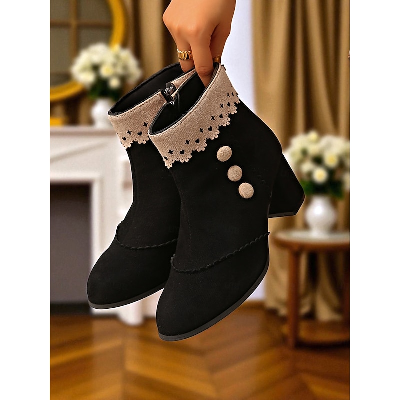 Women's Edwardian Victorian Ankle Boots – 1950s Black Faux Suede Button-Up Booties with Eyelet Lace Trim for Vintage-Inspired Fall, Winter Outfits and Formal Events