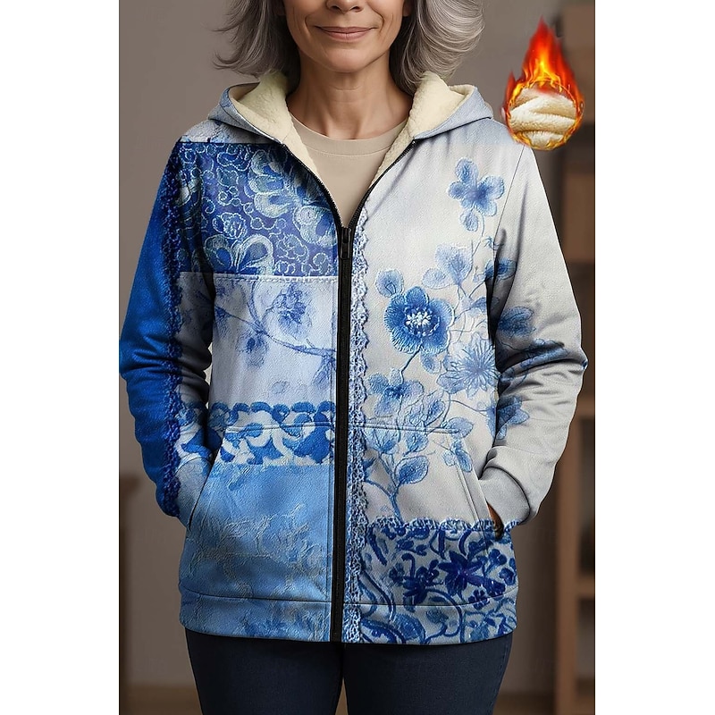 Women's Zip Up Hoodies Floral Graphic Geometric Elegant Warm Vintage Long Sleeve Hooded Regular Tops Home Work Party Evening Wear Zip Up Zipper Print Blue Spring Fall Winter