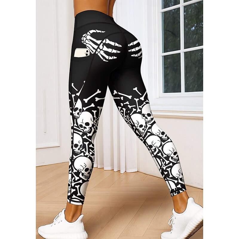 Women's Unisex pilates leggings fitness pants Gym Leggings Pockets Stamp Duty Side Pockets Pilates Gym Gym Workout Pants Tights Leggings Halloween Black-White Orange White Sports Activewear Stretchy