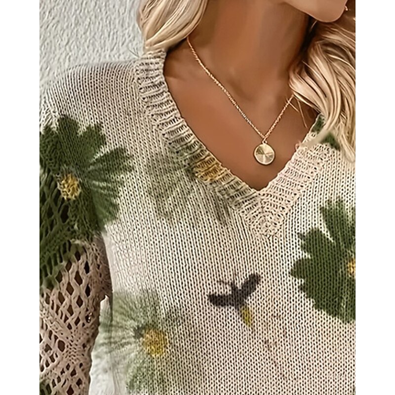 Women's Sweater Fashion Basic Casual Floral Ribbed V Neck Floral Knitted Long Sleeve Regular Tops Knit Outdoor Daily Weekend Green Spring Fall2