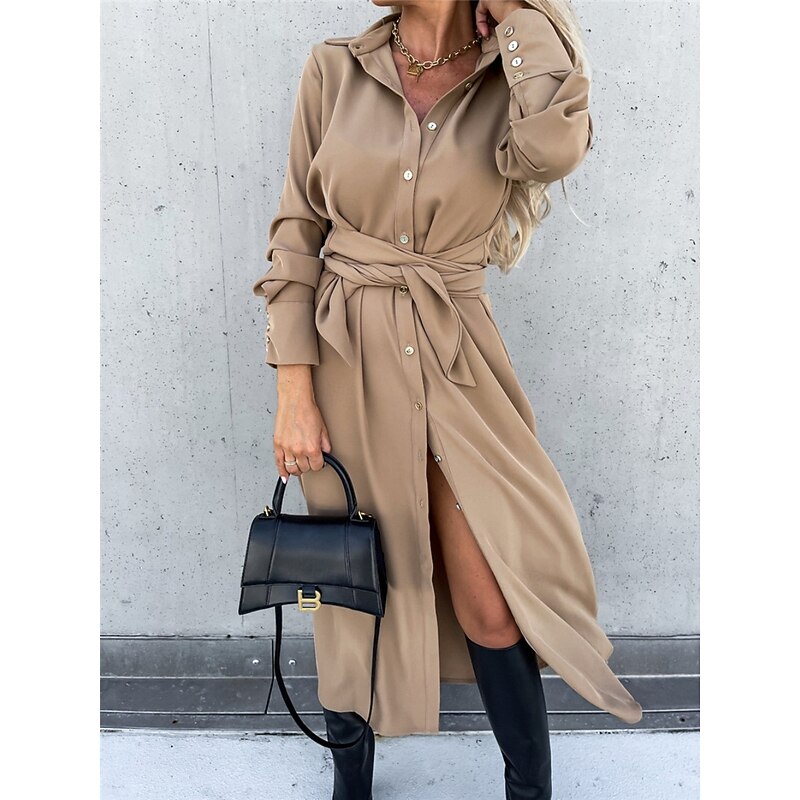 Women's Midi Dress A Line Dress Casual Daily Regular Fit Plain Long Sleeve Lapel Black Red Green Apricot Spring Fall Winter2