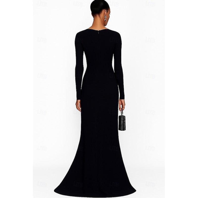 Black Gold Sheath / Column Evening Gown Elegant Formal Dress Formal Wedding Floor Length Long Sleeve Square Neck Stretch Crepe with Glitter 20252