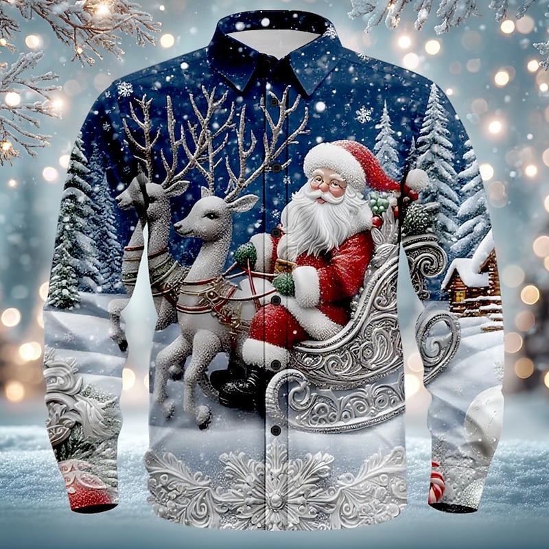 Christmas Men's Santa Claus Reindeer Christmas Costume Shirt Button Up Shirt Long Sleeve Funny Outdoor Holiday Spring Fall Turndown 3D Print Linen Like Shirt White 1 Blue 2# Blue 1# White White 24