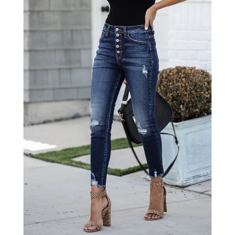 Women's Jeans Chinos Streetwear Casual Full Length Medium Waist Plain Pocket Comfortable Micro-elastic Outdoor Vacation Street Navy Spring Fall Skinny3