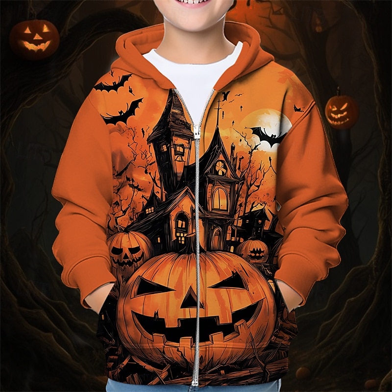 Halloween Unisex Boys' Girls' 3D Pumpkin Hoodie Coat Outerwear Long Sleeve Spring Fall Adorable Sport Kids 4-12 Years Zip Street Daily Regular Fit2
