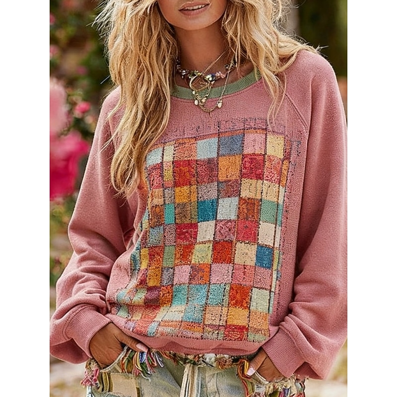 Women's Pullover Sweatshirts Plaid Fashion Streetwear Classic Long Sleeve Round Neck Regular Tops Dailywear Casual Print Pink Green Spring Fall3